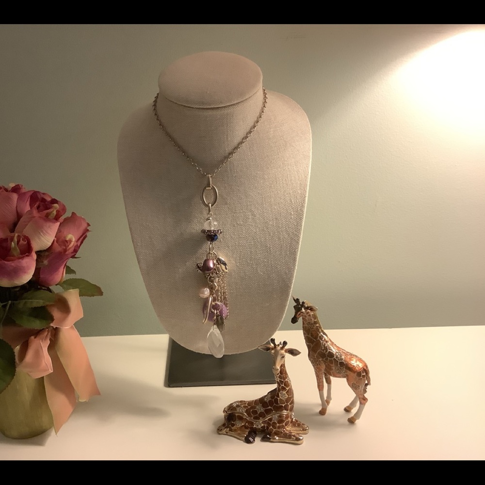 LONG gold tone charm necklace